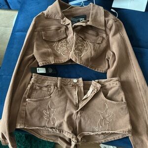 Fashion Nova Brown Embroidered Jacket and Shorts Set